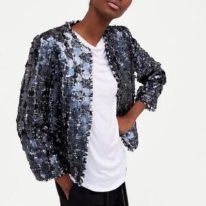 ZARA Blue Gray Sequin Tweed Jacket Blazer